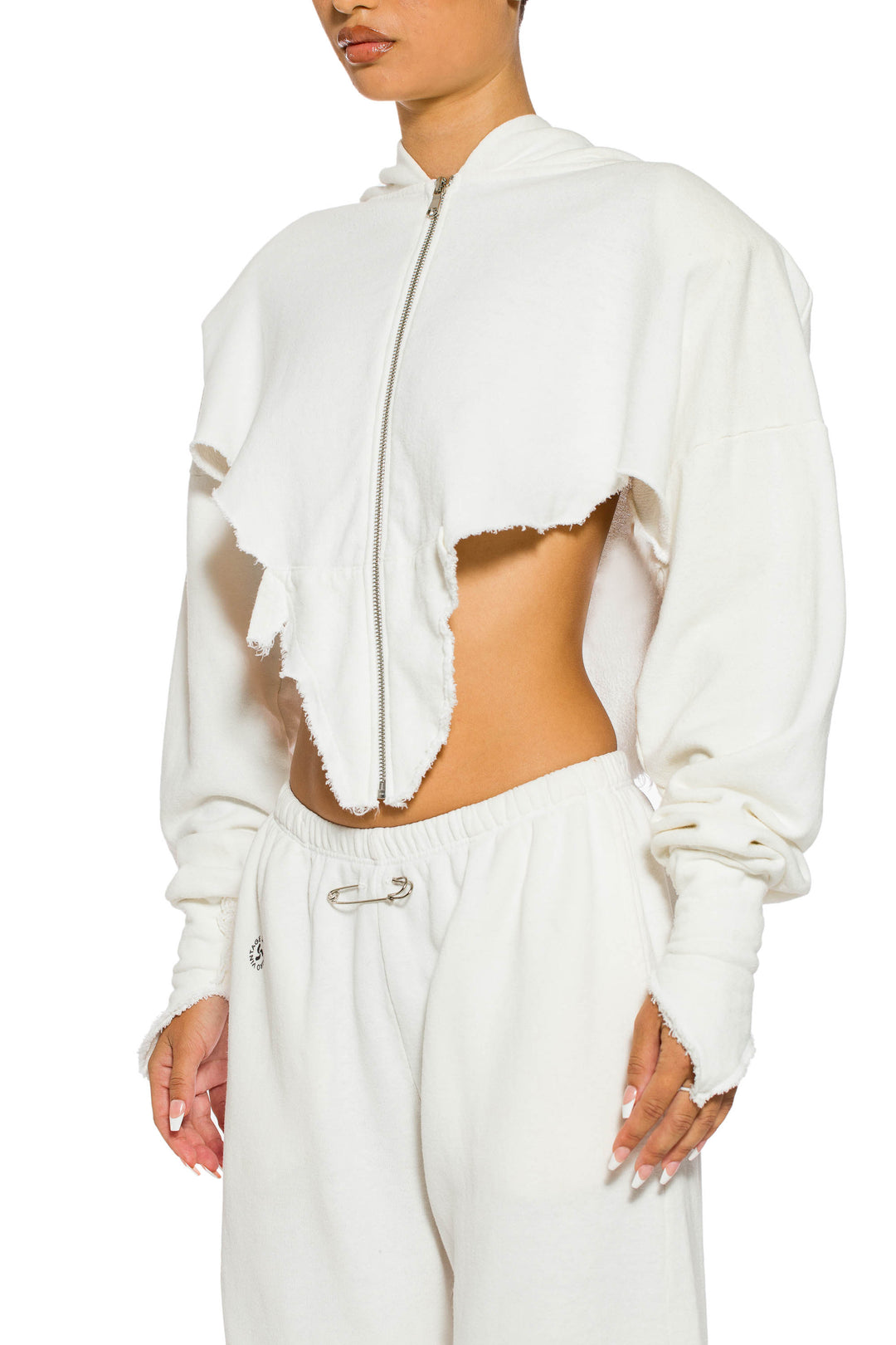 V CUT ZIP-UP HOODIE IN WHITE TERRY