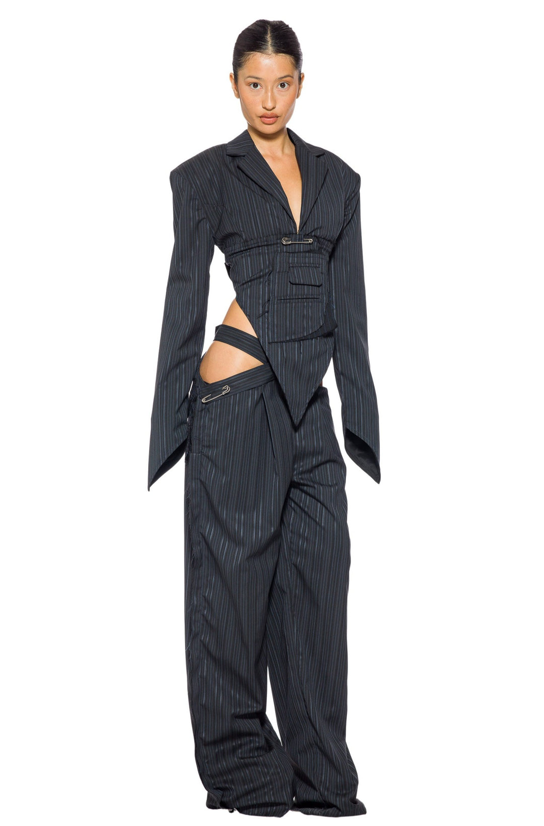 CUTOUT TROUSER IN BLUE MULTI STRIPE SUITING