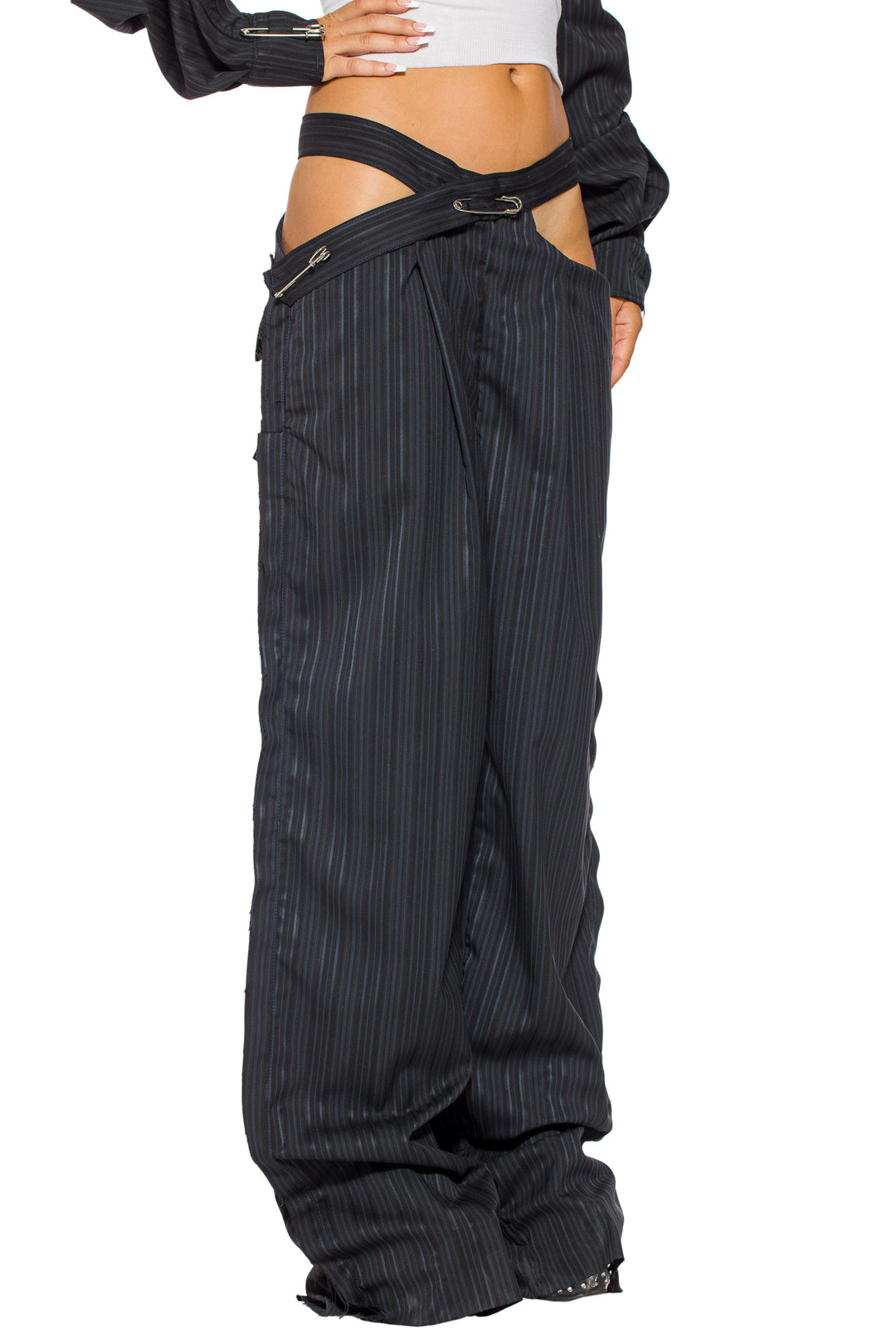 CUTOUT TROUSER IN BLUE MULTI STRIPE SUITING