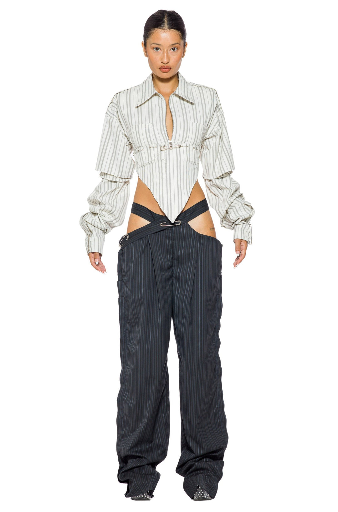 CUTOUT TROUSER IN BLUE MULTI STRIPE SUITING