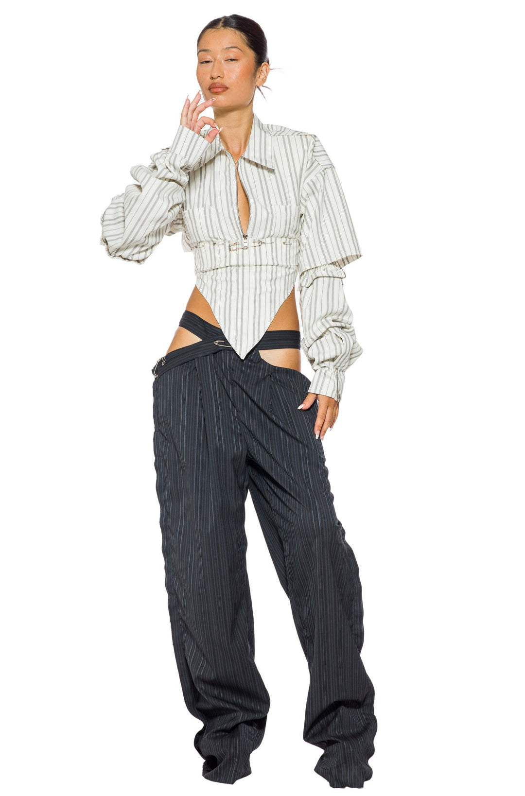 CUTOUT TROUSER IN BLUE MULTI STRIPE SUITING