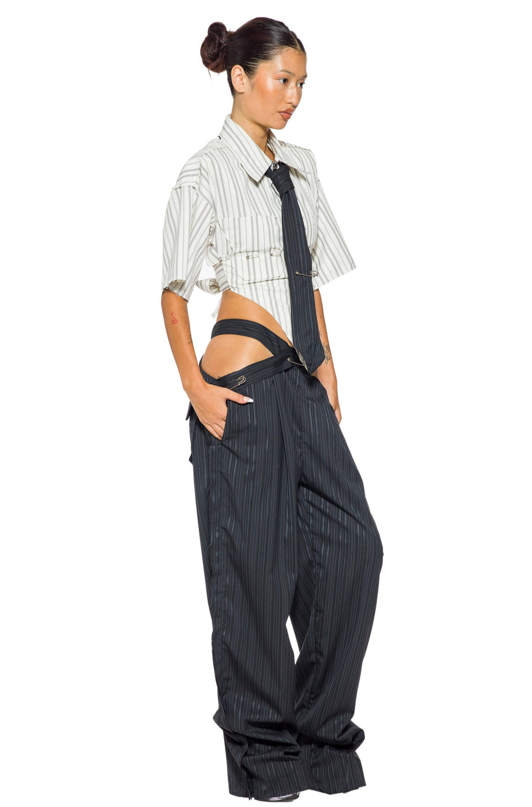 CUTOUT TROUSER IN BLUE MULTI STRIPE SUITING