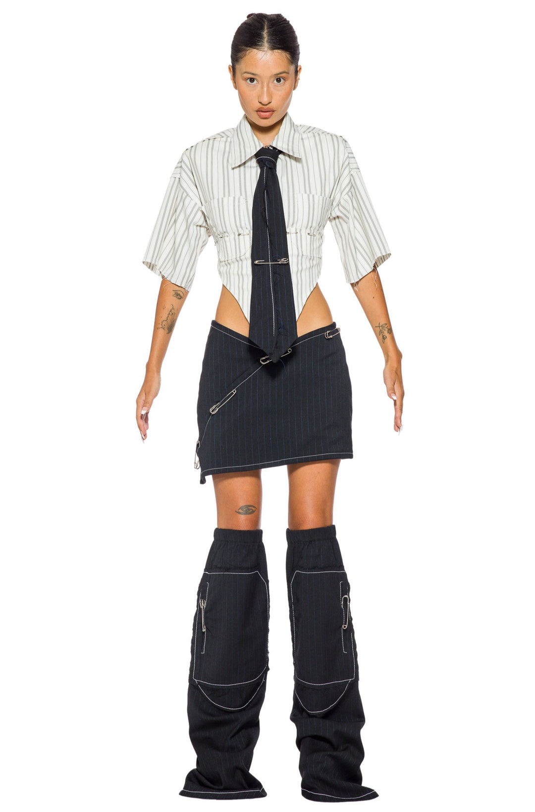 V LINE SKIRT IN BLACK PIN STRIPE SUITING