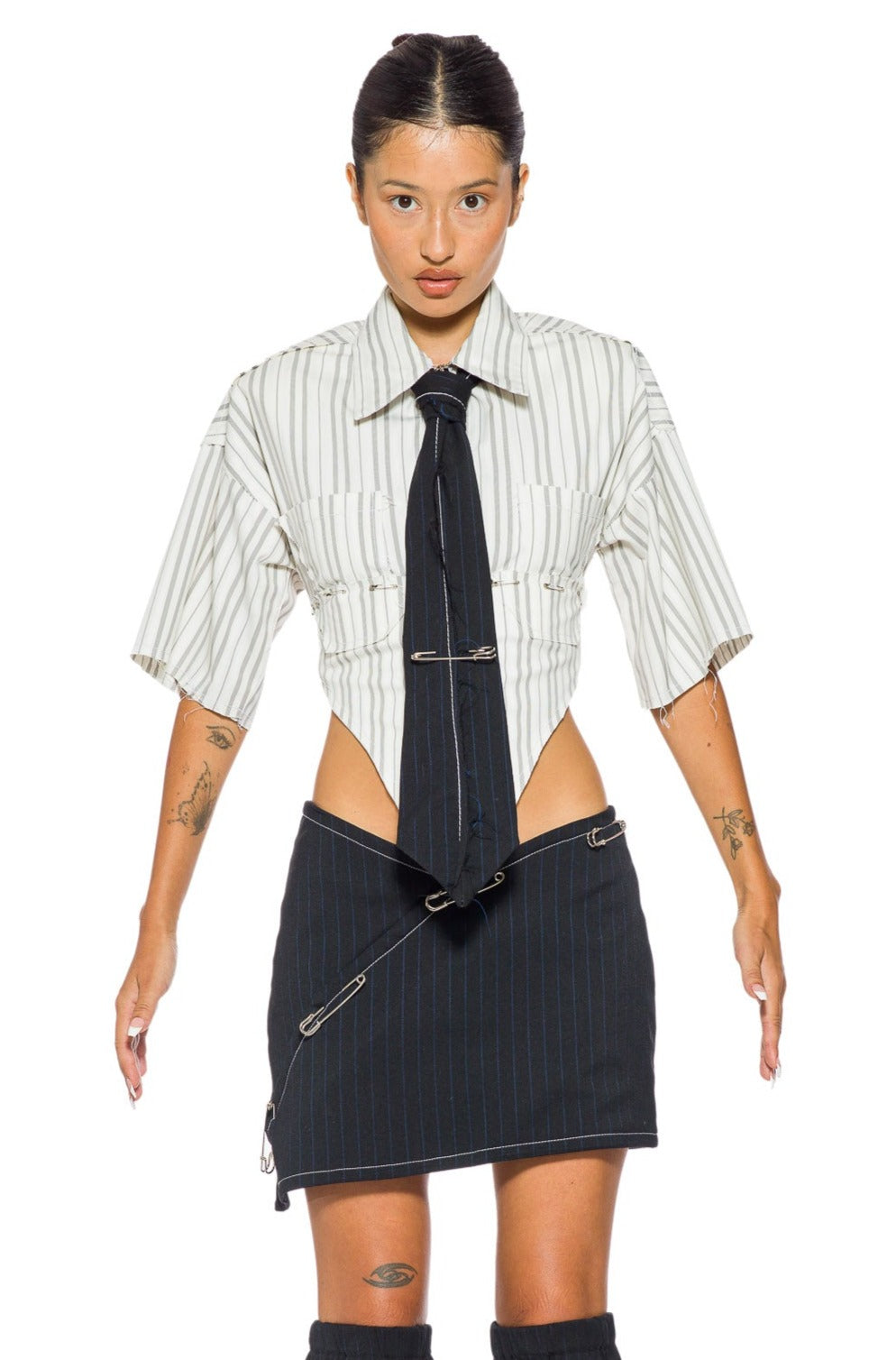 OPEN SEAM SAFETY PIN TIE IN BLACK PIN STRIPE SUITING