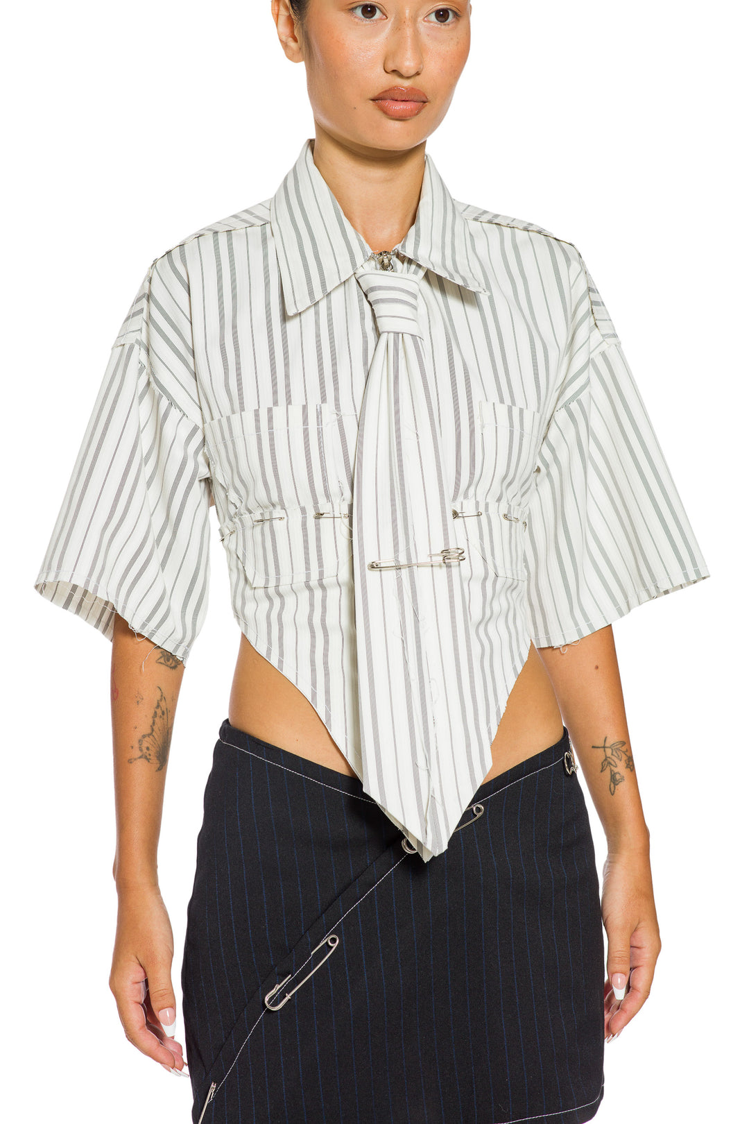 OPEN SEAM SAFETY PIN TIE IN WHITE PIN STRIPE SHIRTING