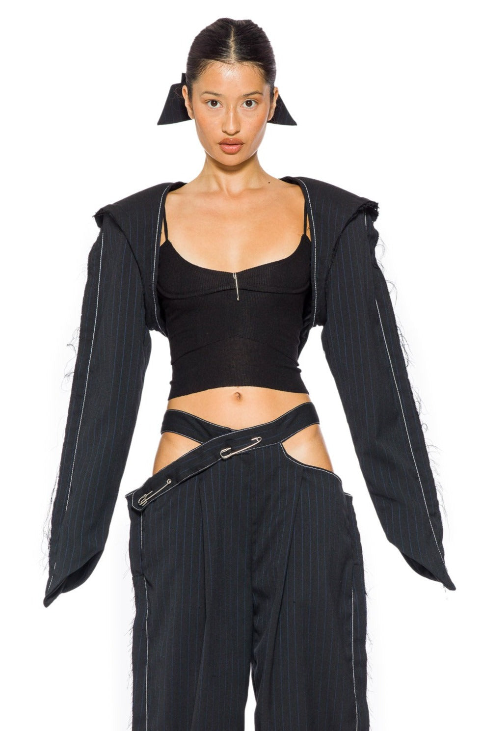 OPEN SEAM BOLERO IN BLACK PIN STRIPE SUITING