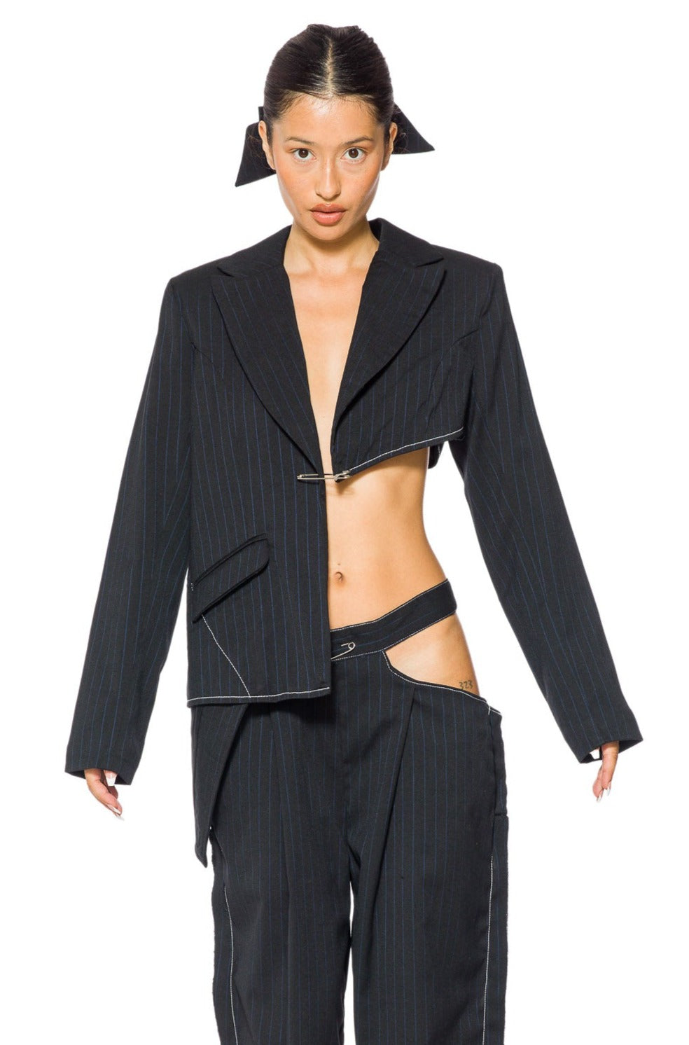 CUTOUT BLAZER IN BLACK PIN STRIPE SUITING