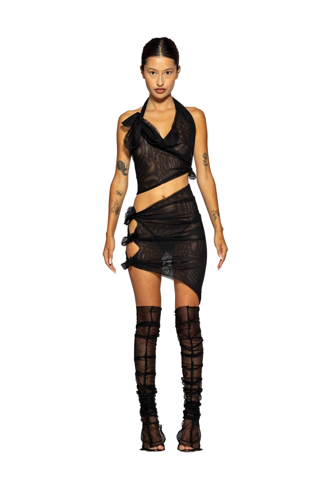 OPEN SEAM LEG WARMER SOCKS IN BLACK MESH