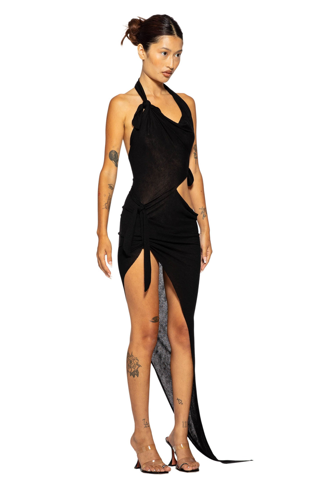 TIED UP ASYMMETRIC CUTOUT DRESS IN BLACK RIB