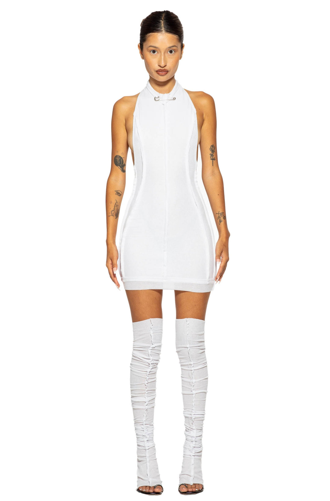 OPEN SEAM LOW BACK HALTER DRESS IN WHITE RIB