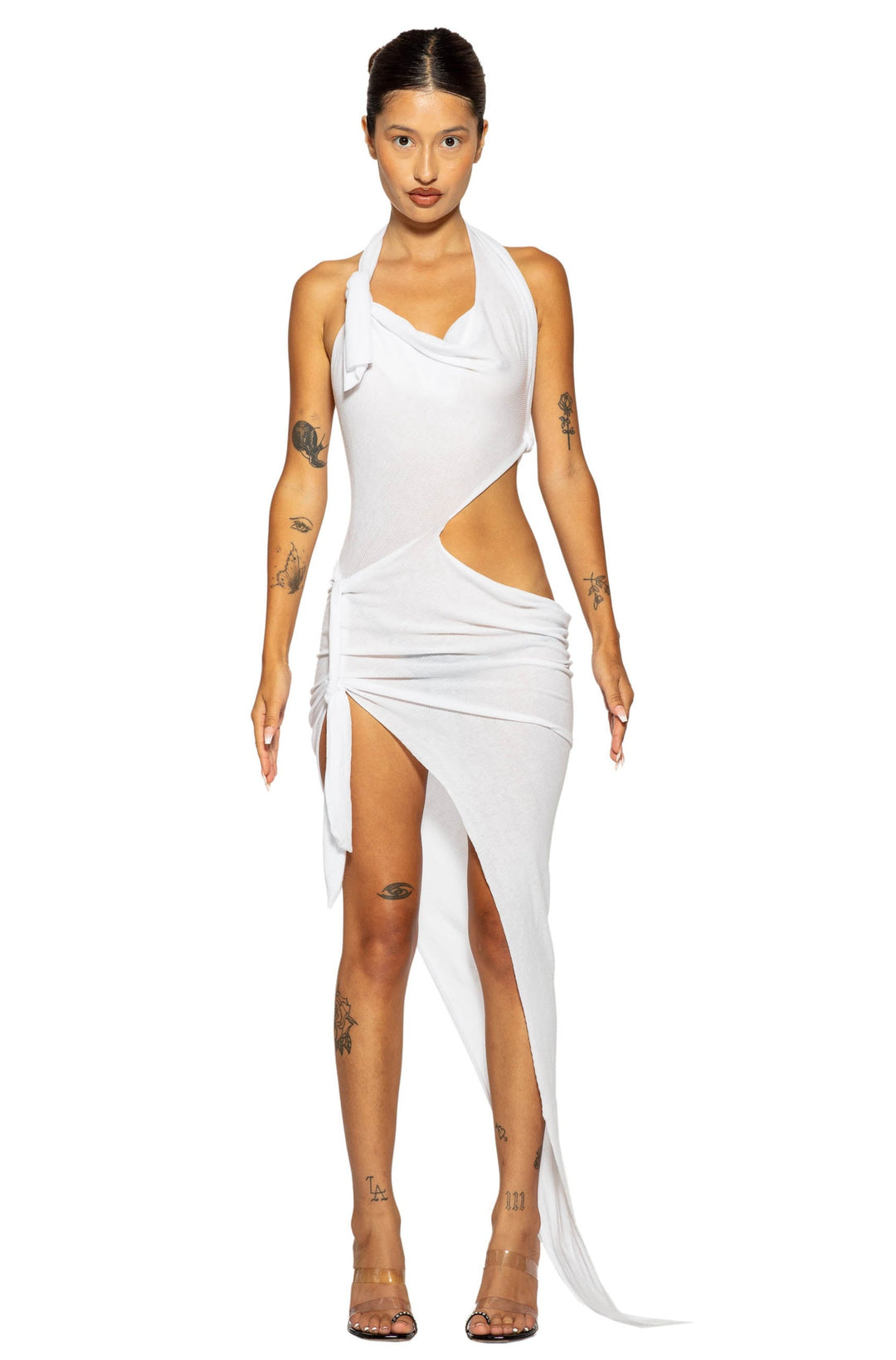 TIED UP ASYMMETRIC CUTOUT DRESS IN WHITE RIB