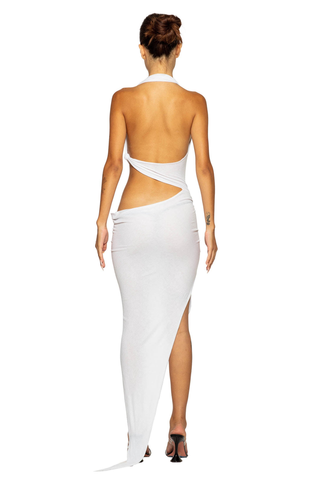 TIED UP ASYMMETRIC CUTOUT DRESS IN WHITE RIB