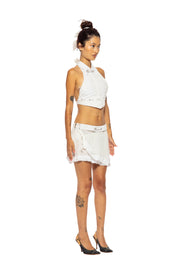 V CUT SAFETY PIN COLLARED HALTER TOP IN WHITE SHIRTING
