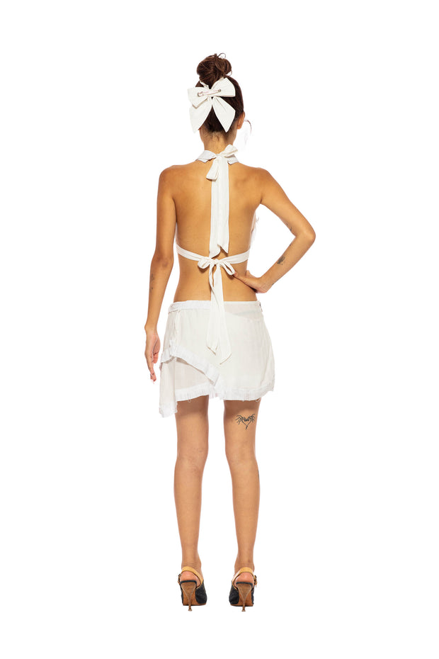 V CUT SAFETY PIN COLLARED HALTER TOP IN WHITE SHIRTING