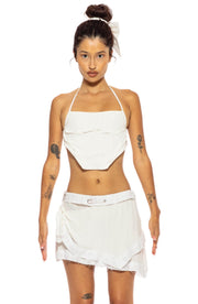 OPEN SEAM BACKLESS HALTER TOP IN WHITE SHIRTING