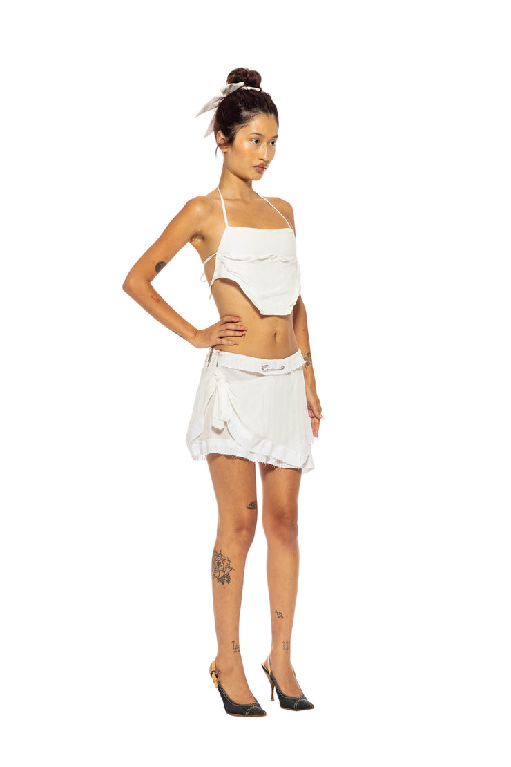 OPEN SEAM BACKLESS HALTER TOP IN WHITE SHIRTING