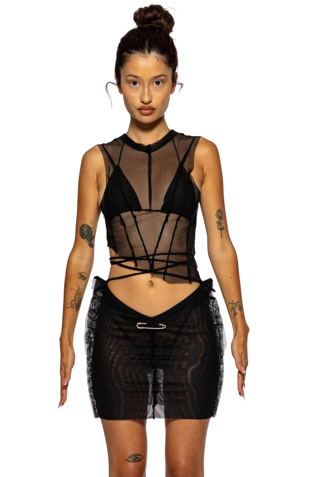 ASYMMETRIC SLEEVELESS TOP IN BLACK MESH