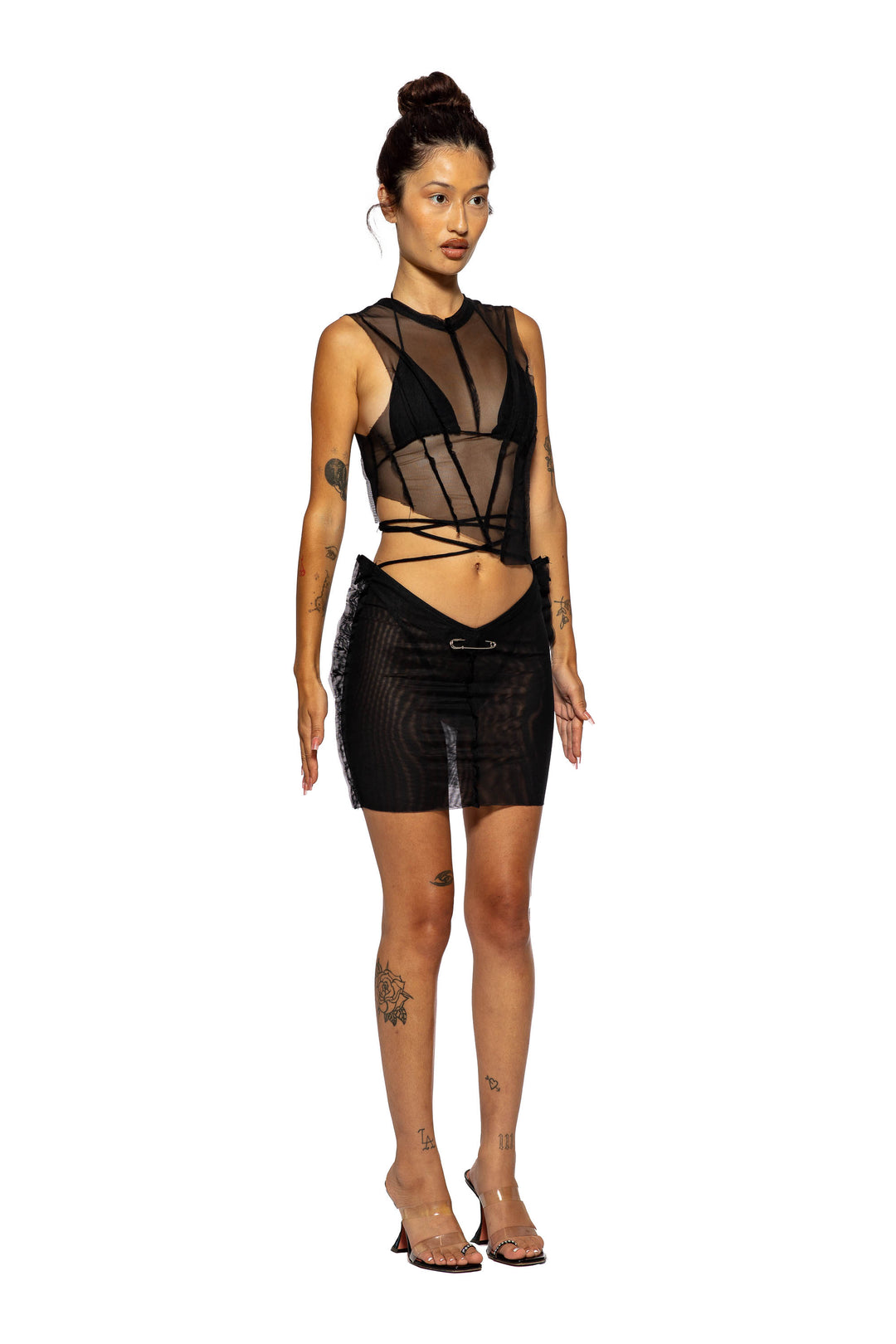 ASYMMETRIC SLEEVELESS TOP IN BLACK MESH