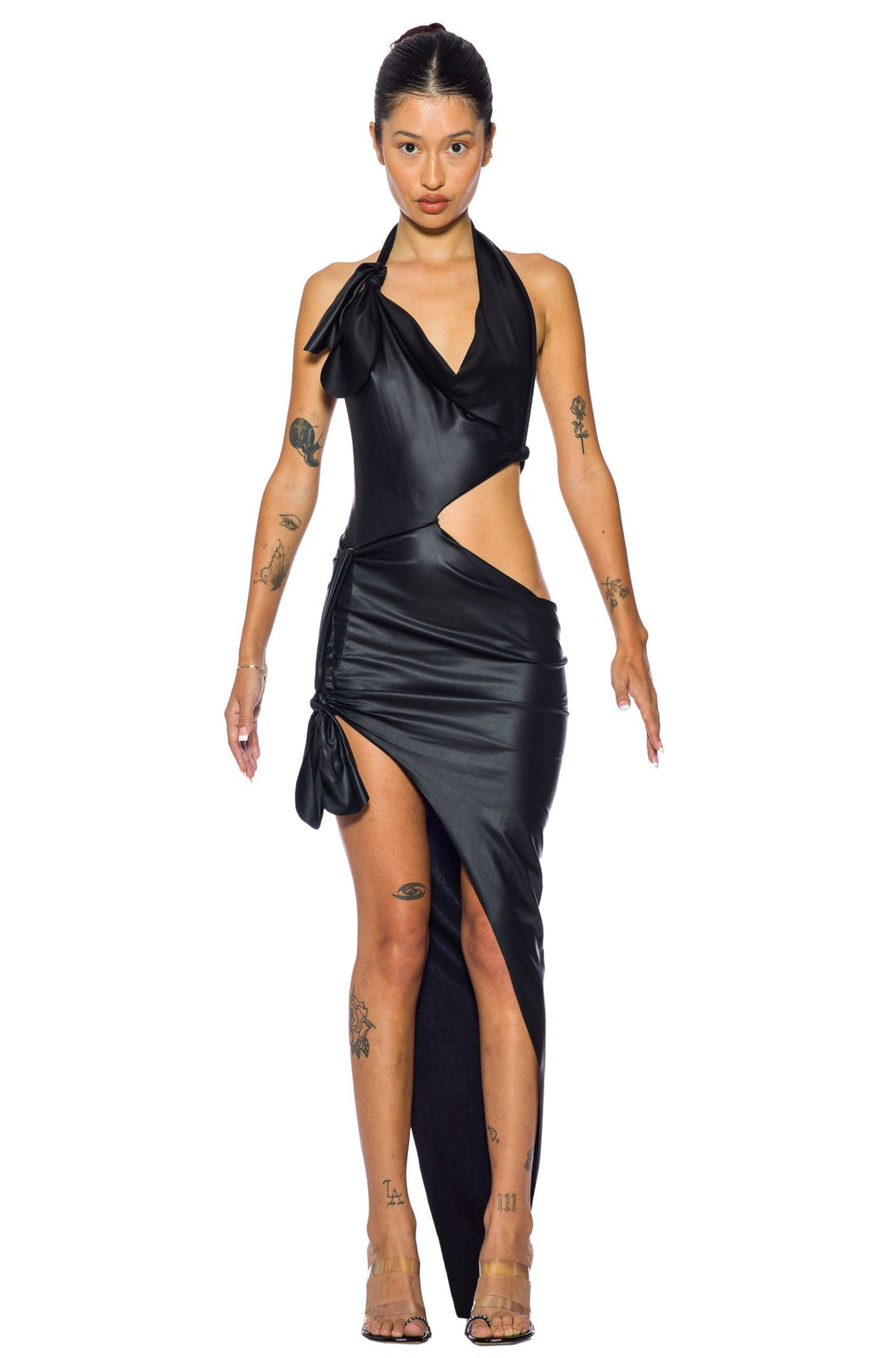 TIED UP ASYMMETRIC CUTOUT DRESS IN CARBON