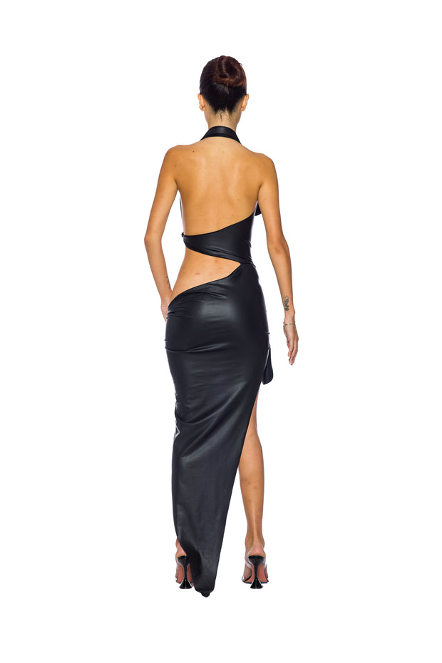 TIED UP ASYMMETRIC CUTOUT DRESS IN CARBON