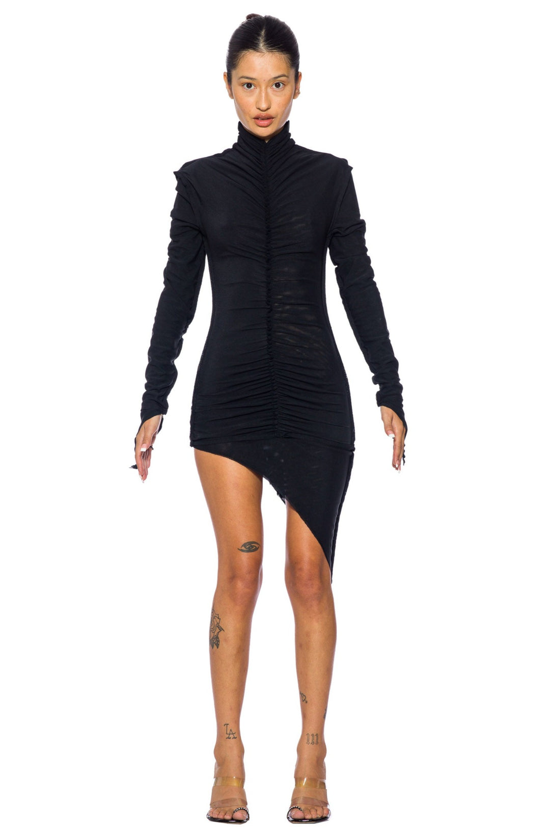 SHIRRED TURTLENECK DRESS IN BLACK ECO MESH