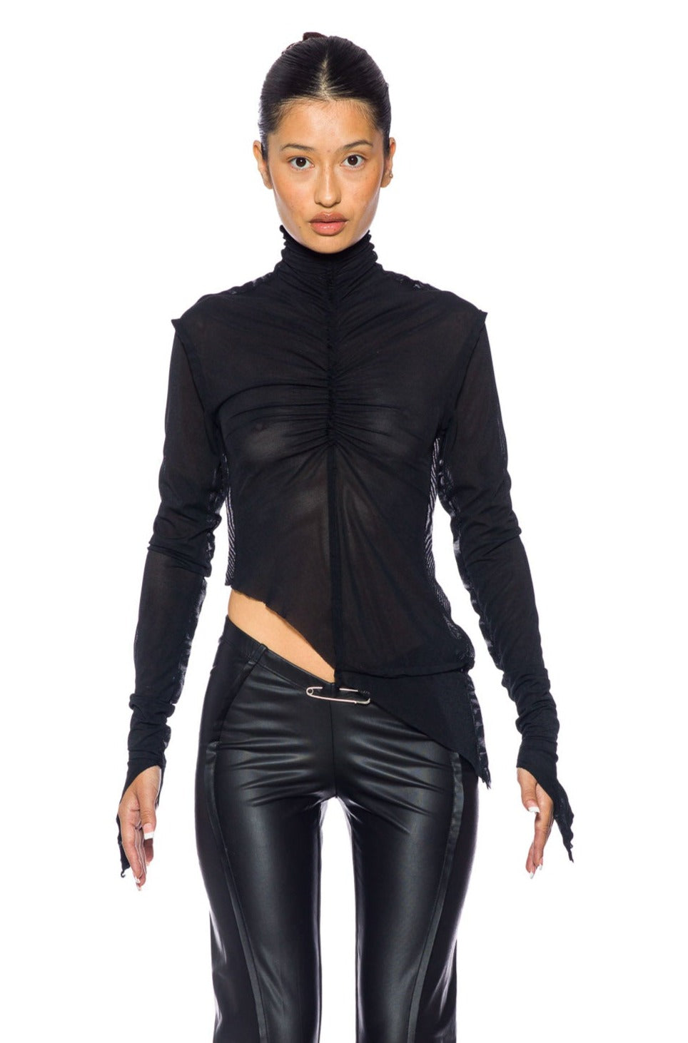 SHIRRED TURTLENECK TOP IN BLACK MESH