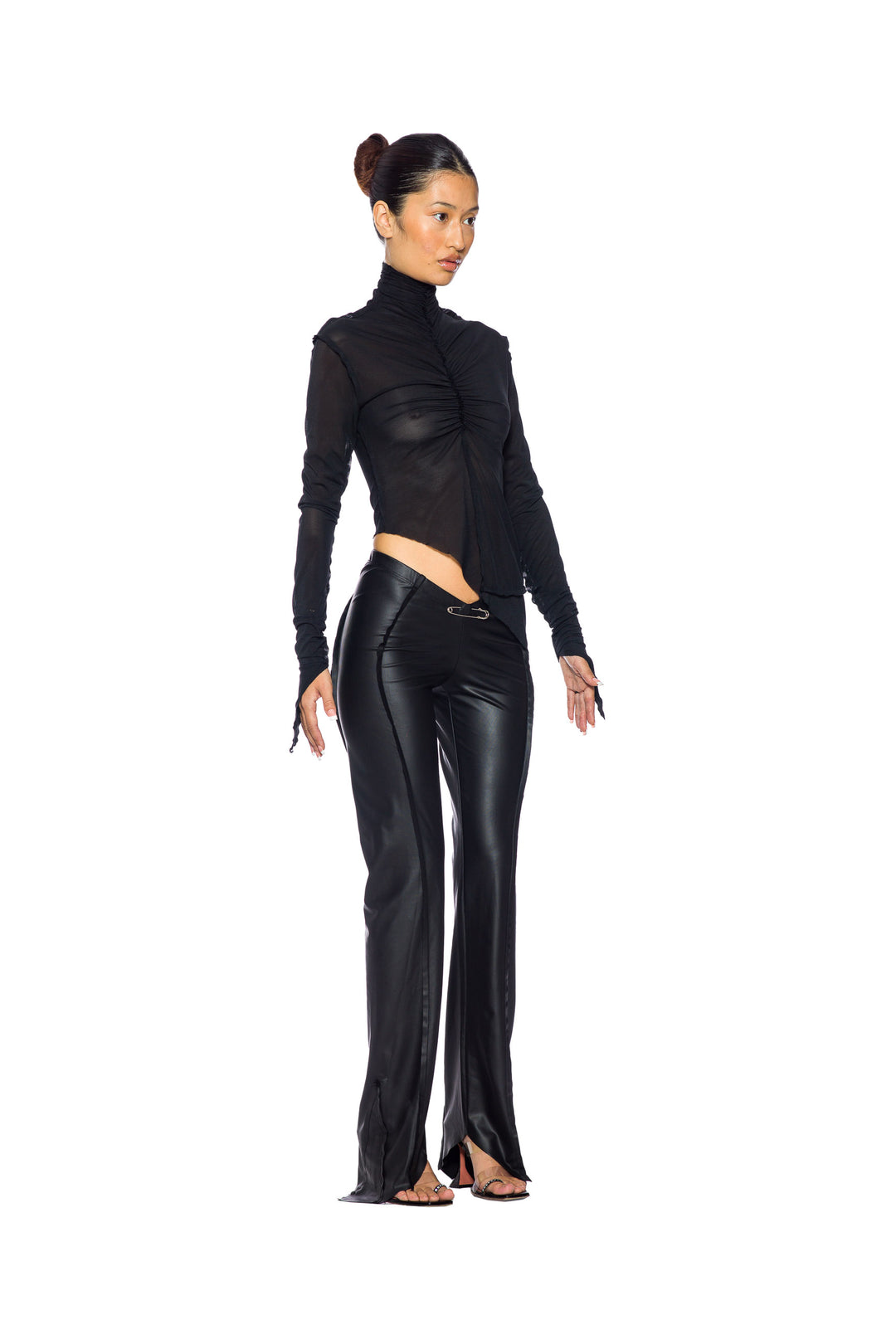 SHIRRED TURTLENECK TOP IN BLACK MESH