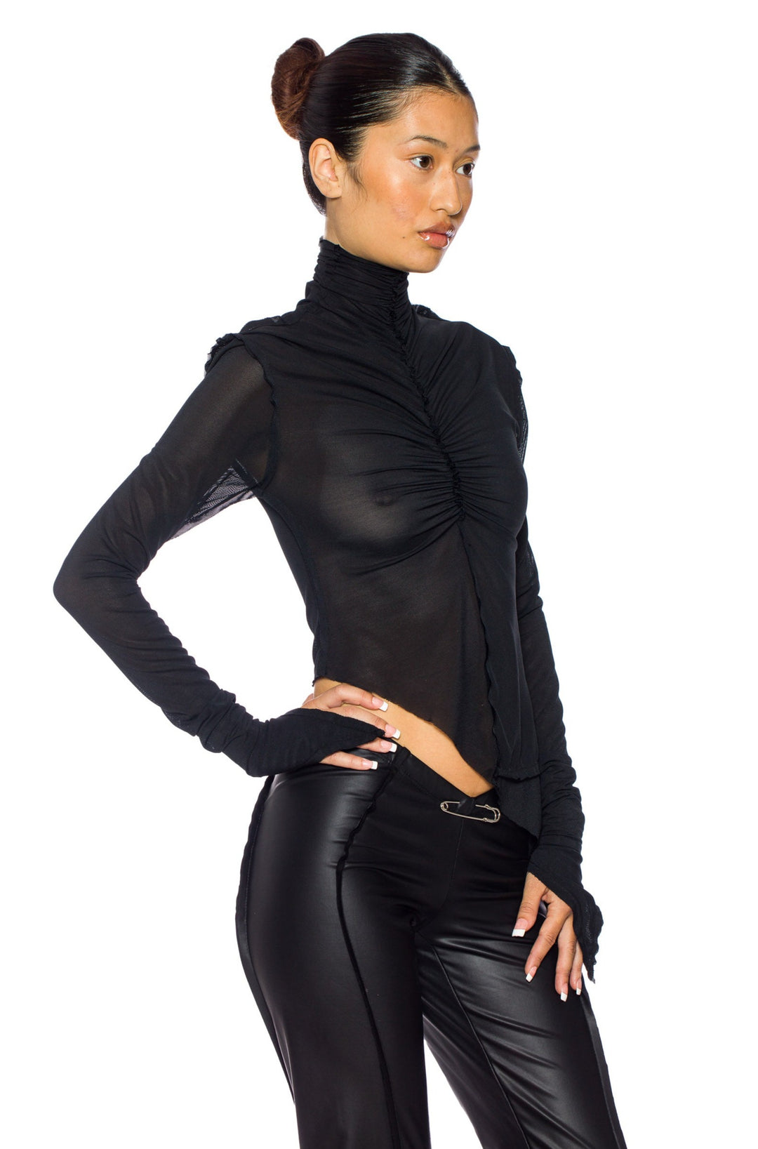 SHIRRED TURTLENECK TOP IN BLACK MESH