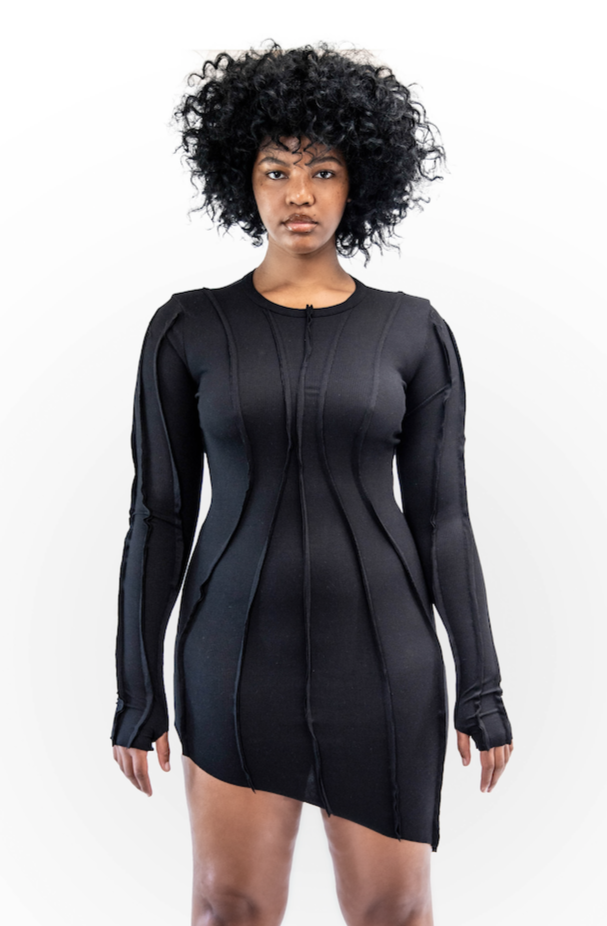 ASYMMETRIC LONG SLEEVE MINI DRESS IN BLACK RIB