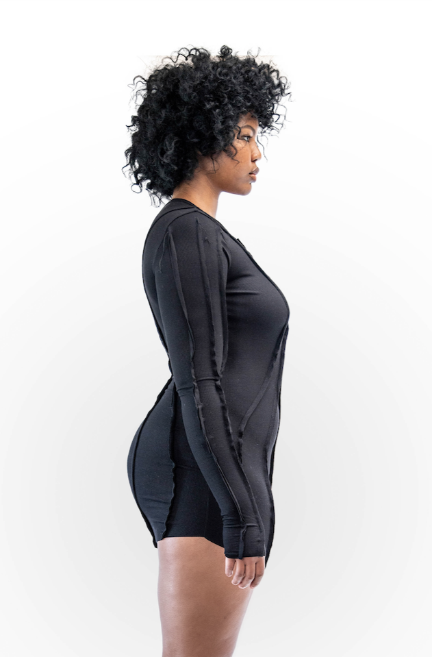 ASYMMETRIC LONG SLEEVE MINI DRESS IN BLACK RIB