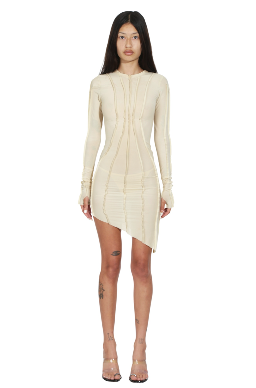 ASYMMETRIC LONG SLEEVE MINI DRESS IN IVORY MESH