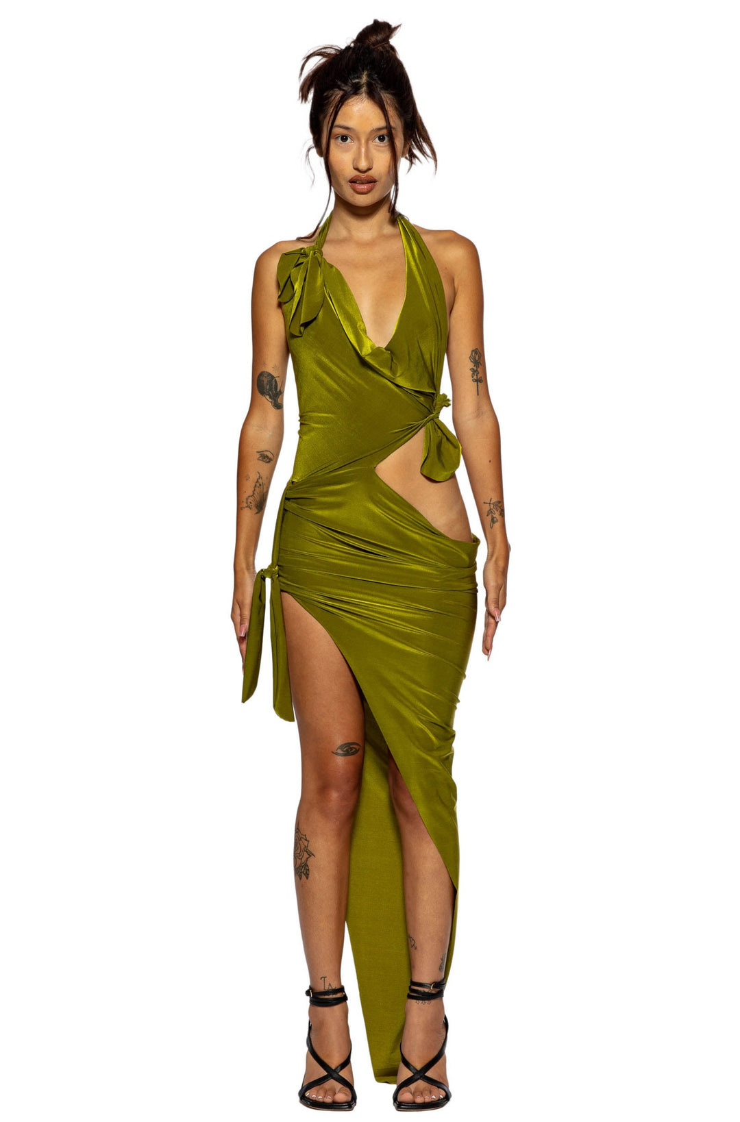 TIED UP ASYMMETRIC CUTOUT DRESS IN IRIDESCENT KELP
