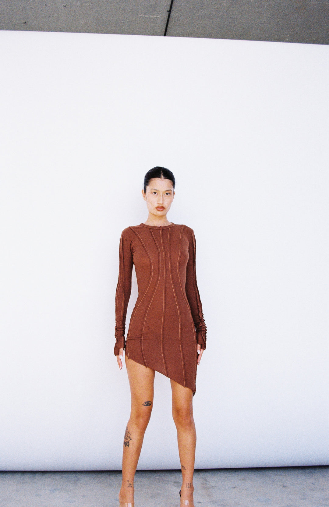 ASYMMETRIC LONG SLEEVE MINI DRESS IN BARK RIB