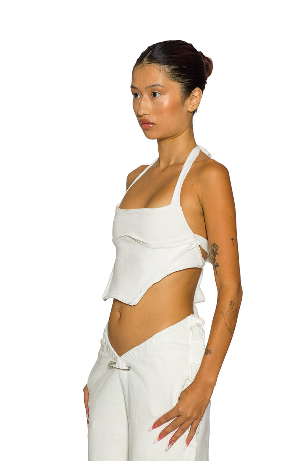 OPEN SEAM BACKLESS HALTER TOP IN WHITE TERRY