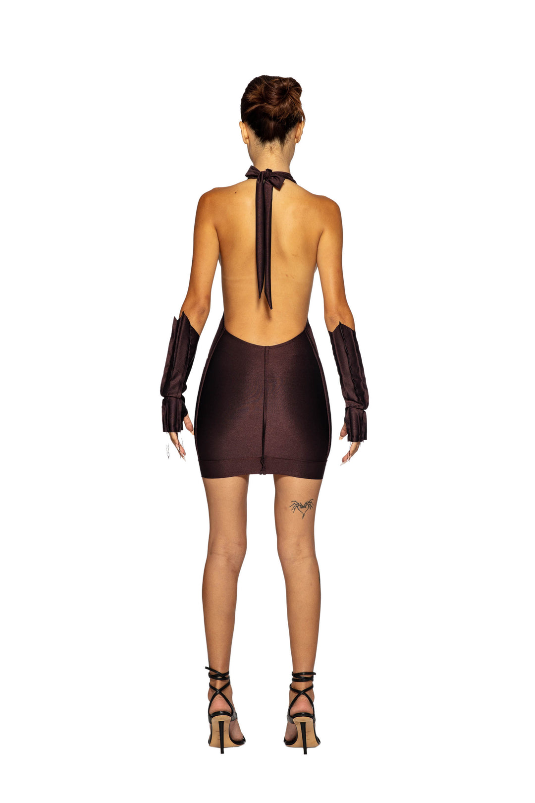 OPEN SEAM LOW BACK HALTER DRESS IN IRIDESCENT UMBER