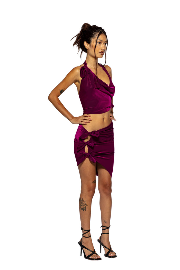 TIED UP HALTER IN IRIDESCENT ORCHID