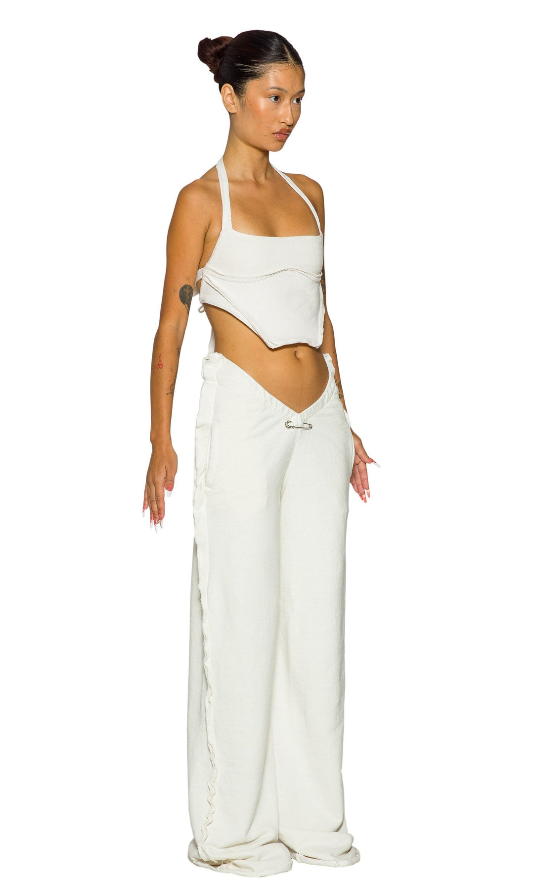 OPEN SEAM BACKLESS HALTER TOP IN WHITE TERRY