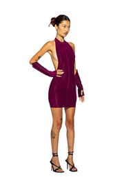 OPEN SEAM LOW BACK HALTER DRESS IN IRIDESCENT ORCHID