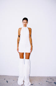 OPEN SEAM LOW BACK HALTER DRESS IN WHITE TERRY