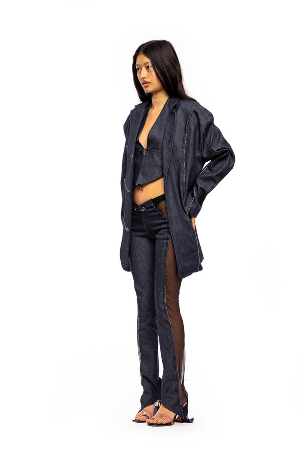 OPEN SEAM OVERSIZED BLAZER IN RAW DENIM