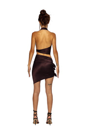 TIED UP ASYMMETRIC SKIRT IN IRIDESCENT UMBER