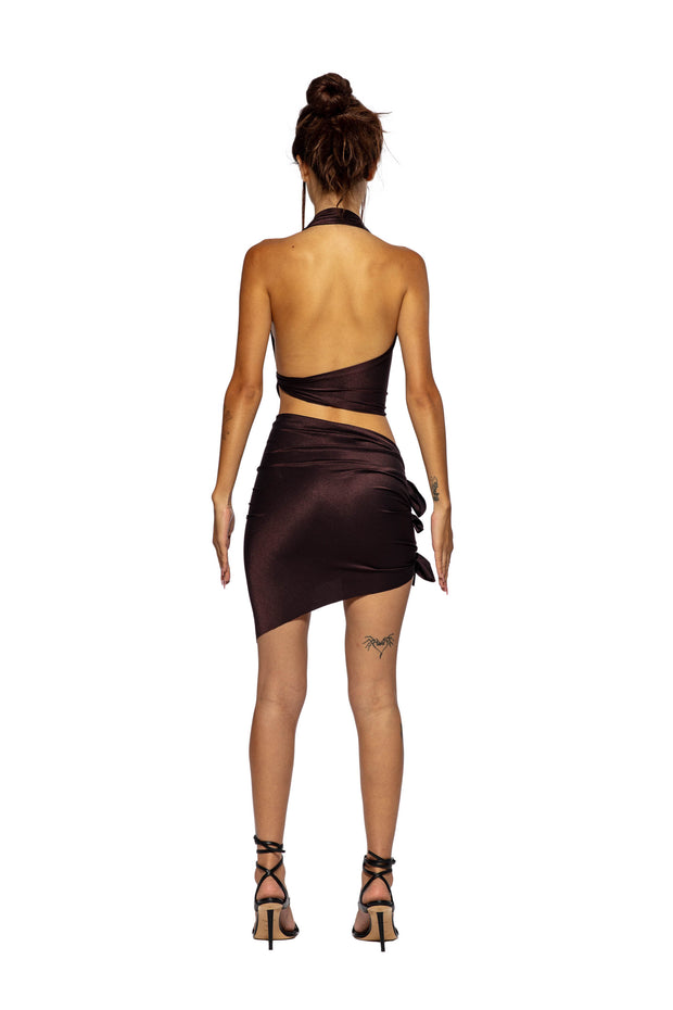 TIED UP ASYMMETRIC SKIRT IN IRIDESCENT UMBER