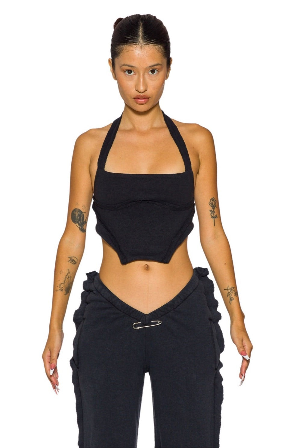 OPEN SEAM BACKLESS HALTER TOP IN BLACK TERRY