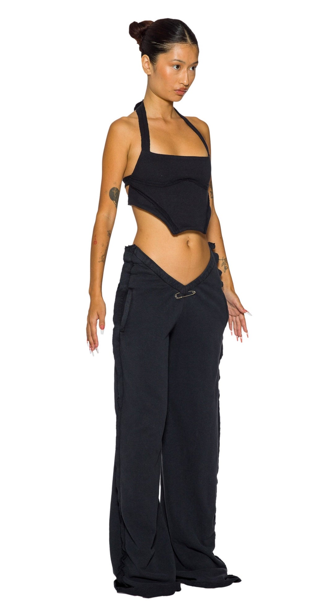 OPEN SEAM BACKLESS HALTER TOP IN BLACK TERRY