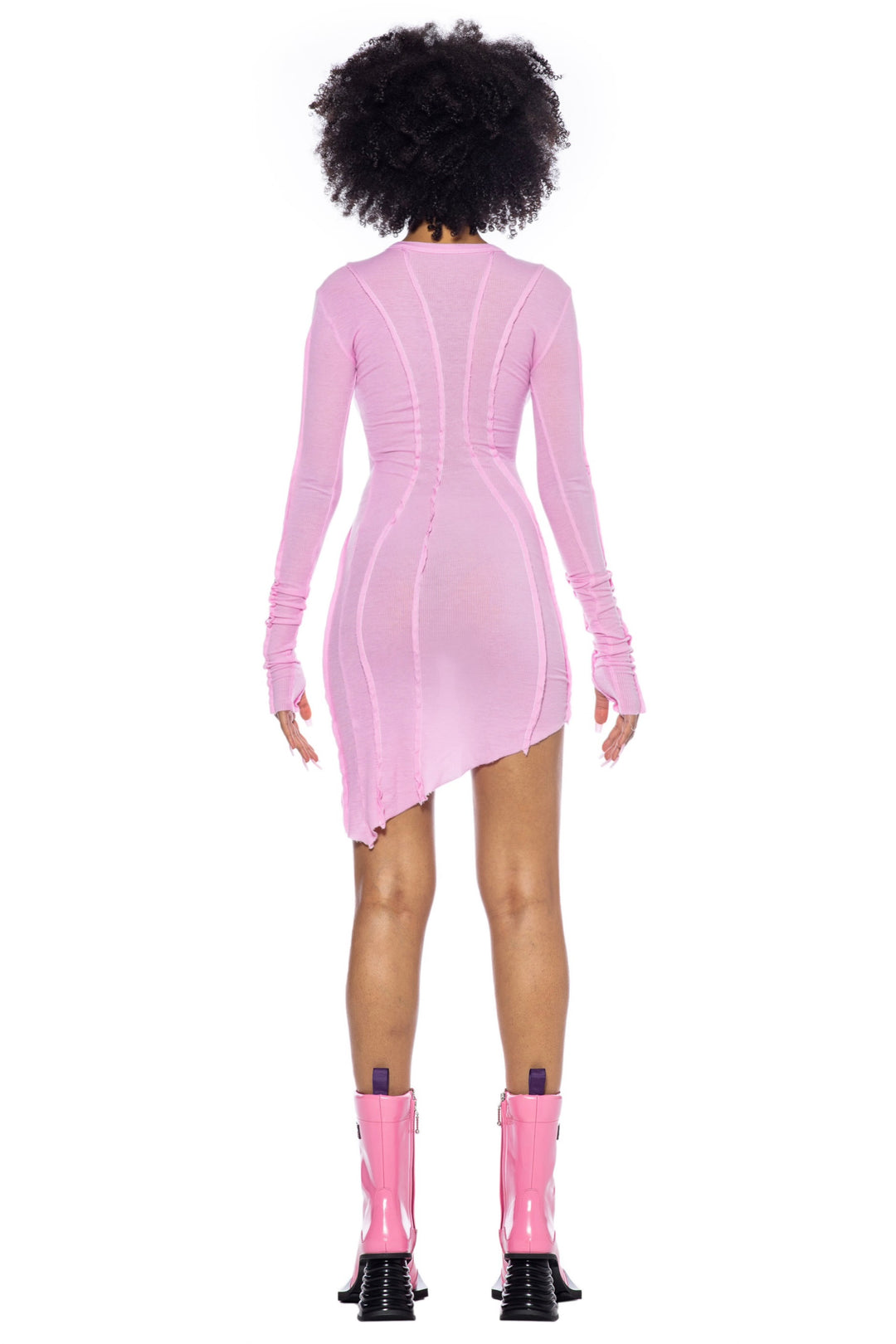 ASYMMETRIC LONG SLEEVE MINI DRESS IN PINK RIB