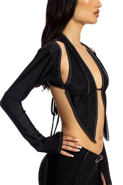 LONG SLEEVE BUTTERFLY HALTER IN BLACK STRETCH