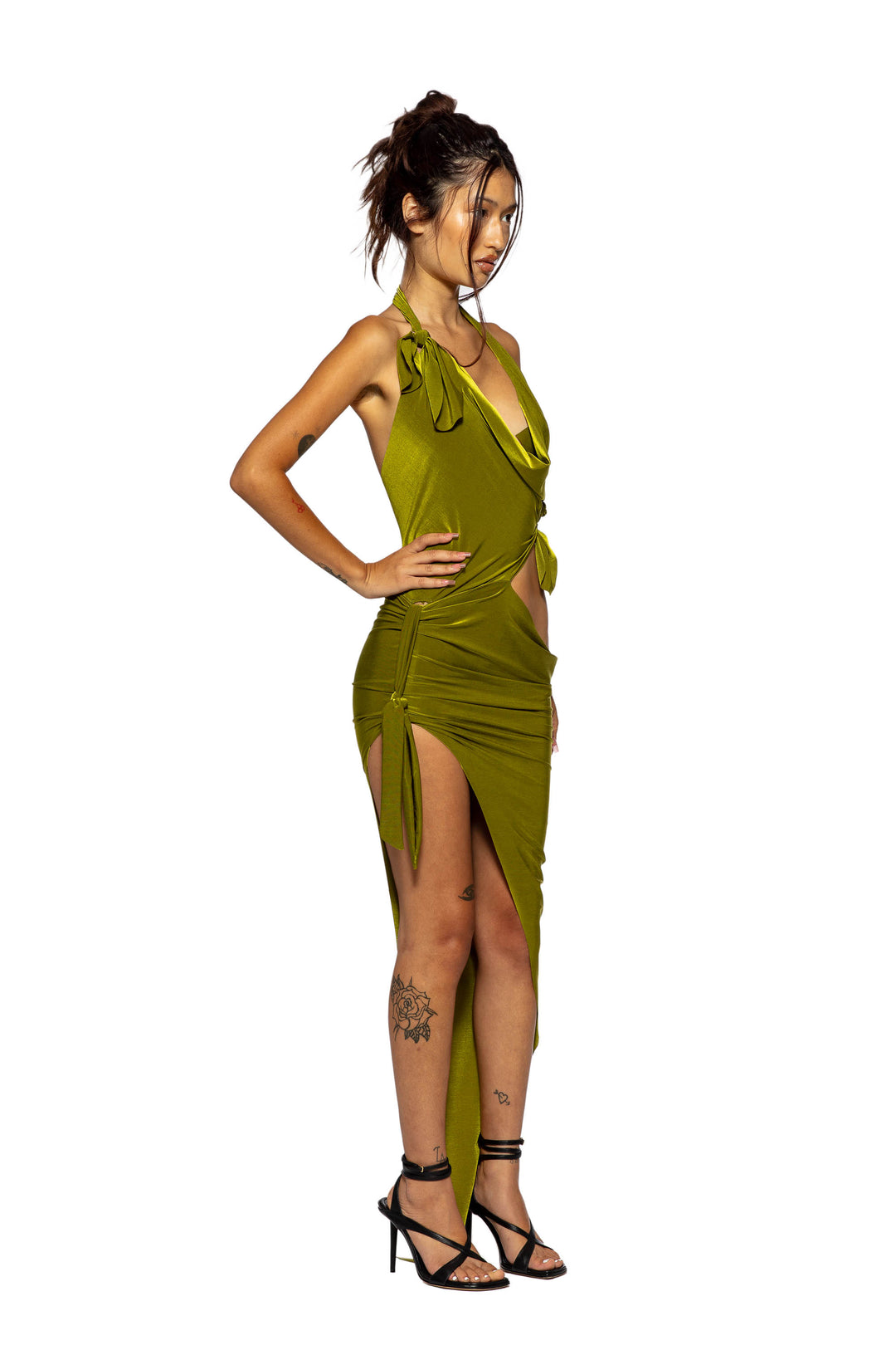 TIED UP ASYMMETRIC CUTOUT DRESS IN IRIDESCENT KELP