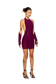 OPEN SEAM LOW BACK HALTER DRESS IN IRIDESCENT ORCHID