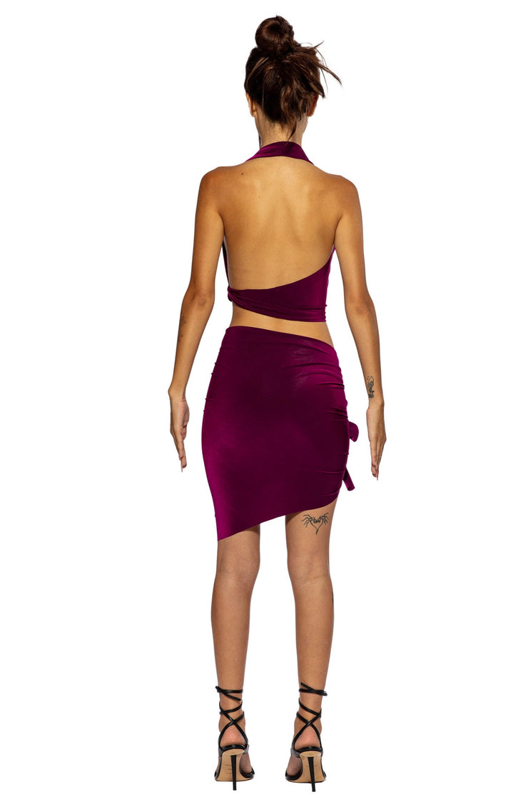 TIED UP ASYMMETRIC SKIRT IN IRIDESCENT ORCHID