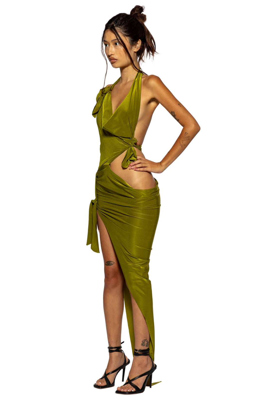 TIED UP ASYMMETRIC CUTOUT DRESS IN IRIDESCENT KELP